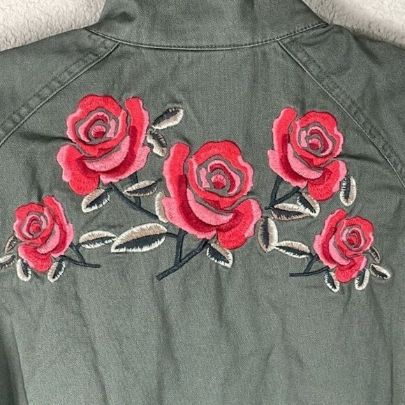 Style & Co Embroidered Roses Floral Back Utility Jacket Green Shacket Sz S - Picture 6 of 12